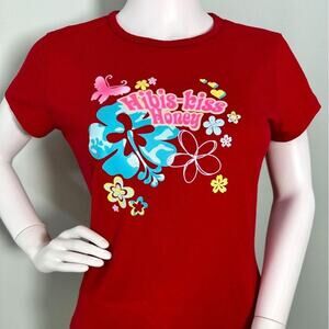 Y2K Hibis-Kiss Honey Graphic Baby Tee Red Tropical Hibiscus Floral Butterfly S
